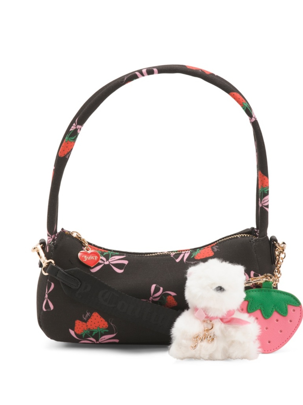 Juicy Couture Black Strawberry Print Mini Shoulder Bag with Plush Puppy Charm